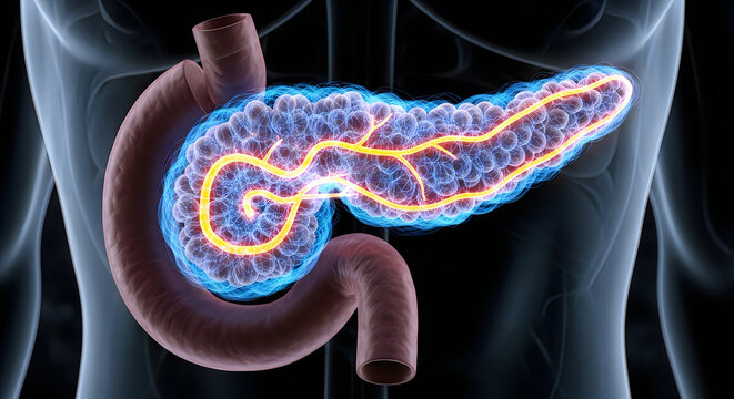 Illustrated diagram of the human pancreas and its ductal system