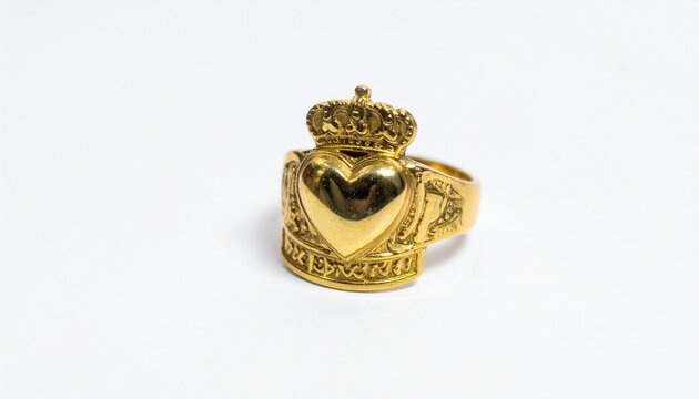 Traditional gold Claddagh ring featuring a heart crown and hands isolated on a white background