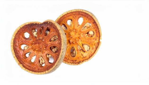 Two dried bael fruit slices showing textured pulp and seeds isolated on a white background