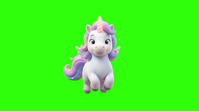 A cute 3D animated baby unicorn character with pastel rainbow mane and tiny wings running happily on a chroma key green background. Ideal for fairytale animations, fantasy mobile games, magic story vi