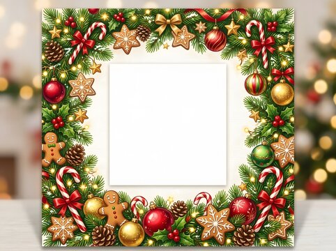 Festive holiday wreath decoration with greenery, ornaments, and candy canes around a window frame