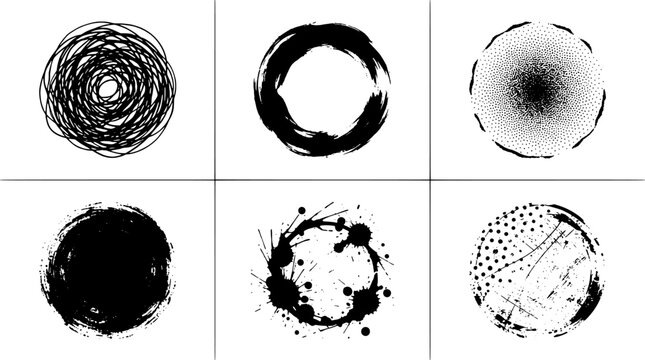 Set of six black grunge circle shapes, ink splashes, and textured stamps isolated on a white background for design elements.