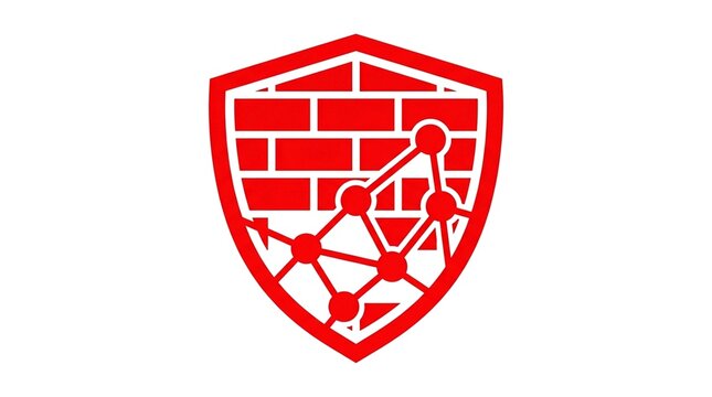 Protective firewall icon using minimalist geometric bricks and digital circuit nodes.