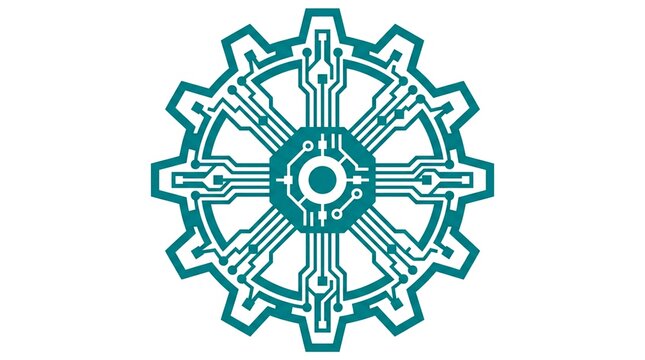 Mechanical gear integrated with digital circuit lines representing automated data processing.