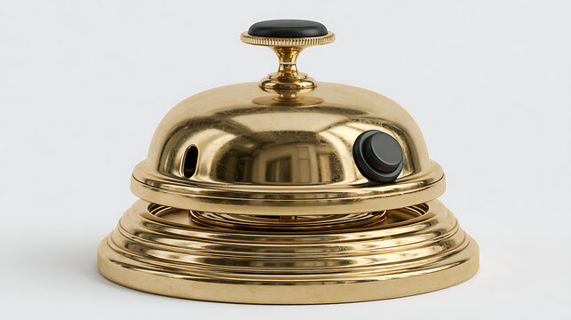 Brass hotel reception service bell with a black push button on white