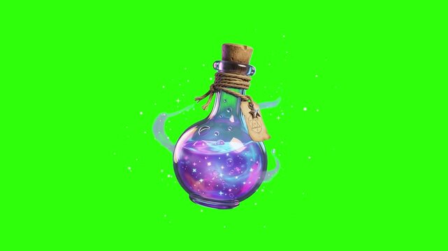 A glowing 3D animated glass potion bottle filled with bubbling purple elixir floating with magical sparkles on a chroma key green background. Great for RPG game inventories, fantasy potion icons, magi