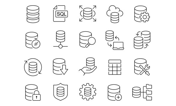 Database and server storage line icon set with SQL file, cloud database, search, protection, and backup symbols.