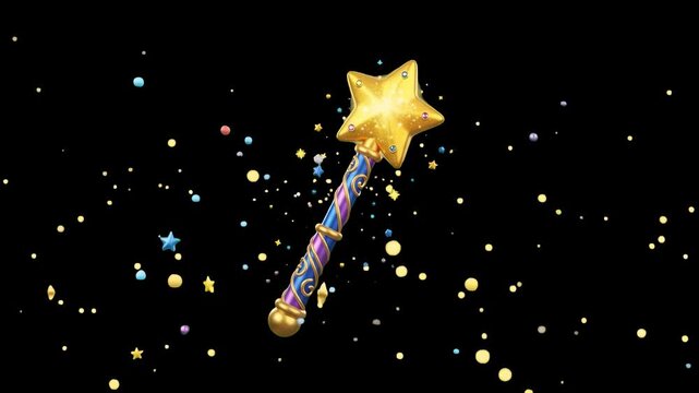 A 3D rendered magic wand with a glowing golden star casting colorful magic sparkles and dust on a black background. Perfect for fantasy trailers, magic particle effects, wizardry animations, RPG game 