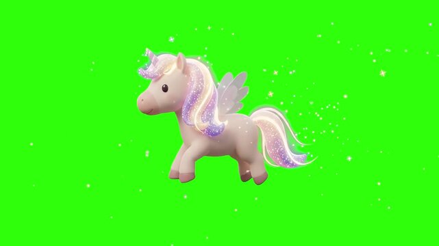 A adorable 3D animated white winged unicorn pegasus floating in the air with glowing magic particles on a chroma key green background. Suitable for fantasy stories, magical children content, and video