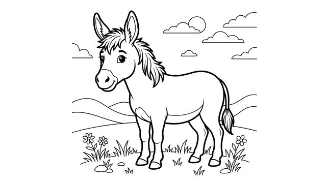 Cute donkey coloring page illustration for children with a simple farm scene