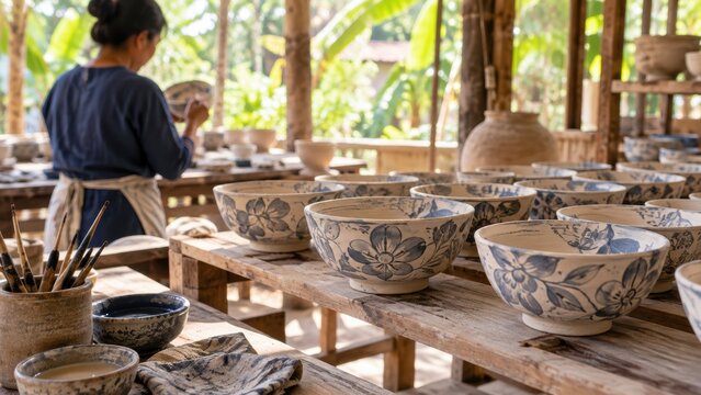 Skilled artisan painting traditional floral designs on ceramic bowls in rustic outdoor pottery workshop studio