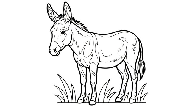 Black and white line art illustration of a donkey standing in grass