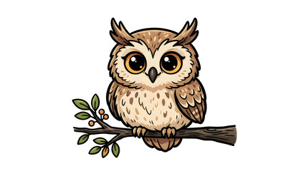 Fototapeta premium Cute cartoon owl with large eyes perched on a tree branch isolated on white