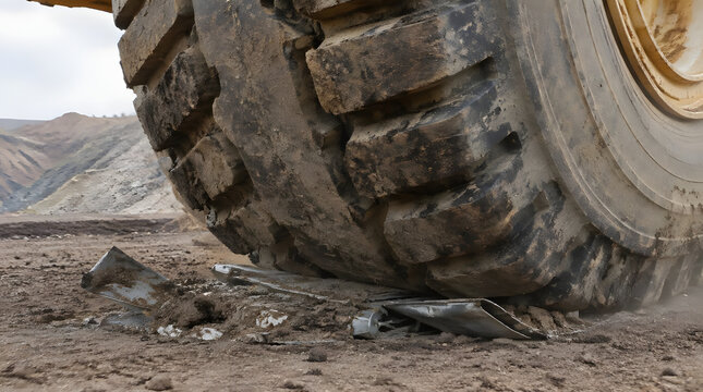 Massive Industrial Mining Truck Tire Crushing Small Object on Ground.