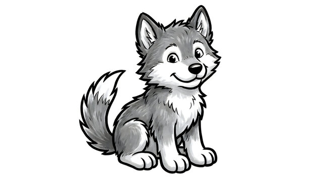Cartoon wolf pup sitting cheerfully with expressive eyes and fluffy tail for branding and children's content