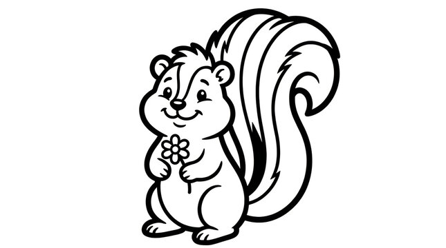 Cartoon squirrel holding flower in friendly pose on clean white background