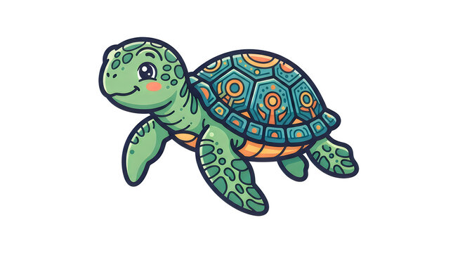 Cartoon sea turtle with geometric patterned shell swimming in white space