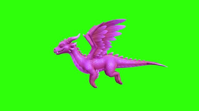 A cute 3D animated pink dragon character flying with feathered wings spread wide on a chroma key green background. Ideal for fairytale animations, fantasy video games, kids educational apps, mythic cr