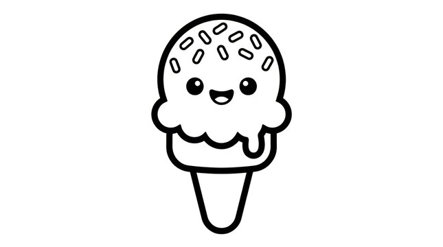 Cute ice cream cone character with a smiling face in a simple line art style