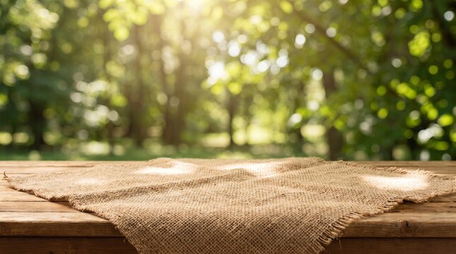 Empty Wooden Table Top with Blurred Green Nature Forest Background for Product Display