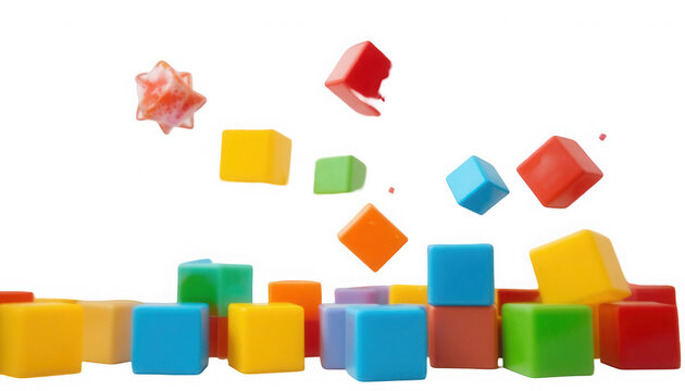 Colorful plastic building blocks falling and stacking isolated on a white background