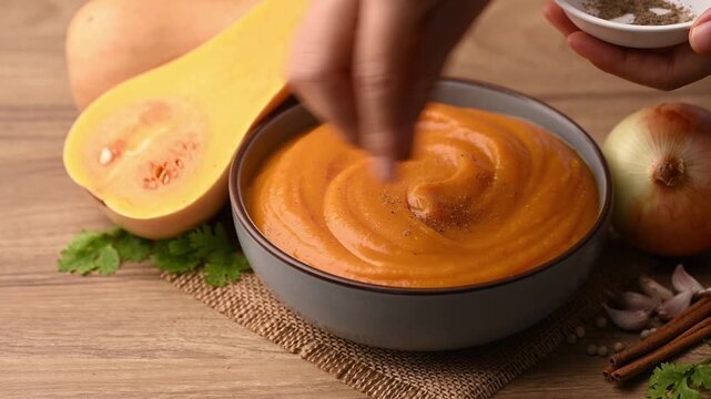 Hands sprinkling black pepper over a bowl of creamy butternut squash soup for garnish, homemade food in autumn