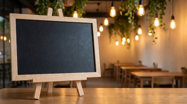 Blank Small Blackboard Stand on Wooden Table in Restaurant or Cafe Background
