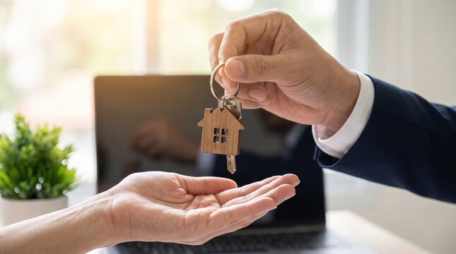 Real Estate Agent Handing Over House Key to Buyer in Office