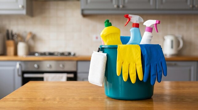 House Cleaning Supplies Basket on Kitchen Table background with Spray Bottle and Gloves