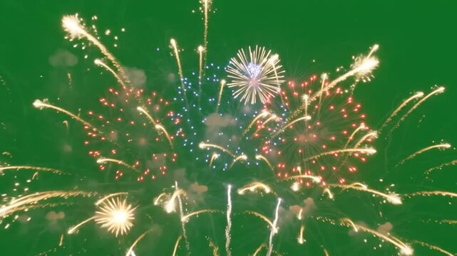Vibrant celebratory colorful fireworks bursts, revealing three dimensional depths in a compact composition, perfect for green screen effects.