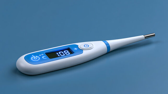 Digital thermometer displaying 108 degrees fahrenheit rests on a blue surface