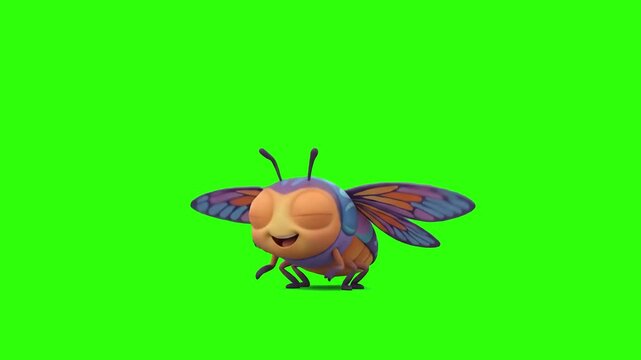A cute 3D animated purple insect bug character flying with joy and a big smile on a chroma key green background. Ideal for children's stories, nature cartoons, bug educational videos, and animated vid