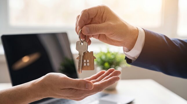 Real Estate Agent Handing Over House Key to Buyer in Office
