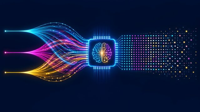 Glowing digital brain microchip processing colorful neon data streams into structured pixels demonstrating advanced artificial intelligence and machine learning