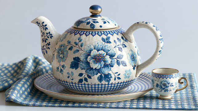 White ceramic teapot with blue floral ornament and matching teacup