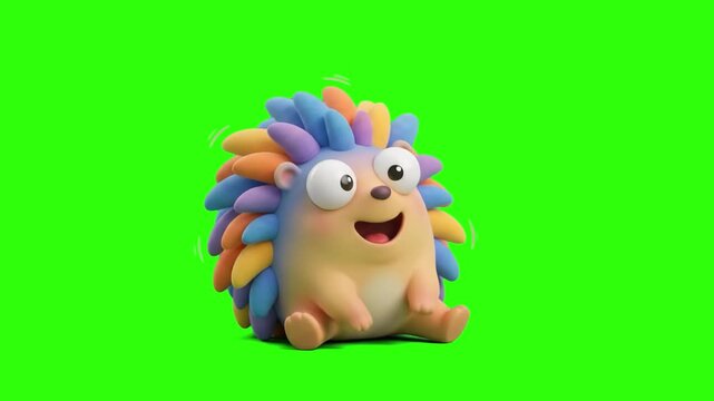 A cute 3D animated colorful hedgehog with rainbow quills sitting and smiling on a chroma key green background. Ideal for children's educational content, cute animal animations, toy brand promos, and v
