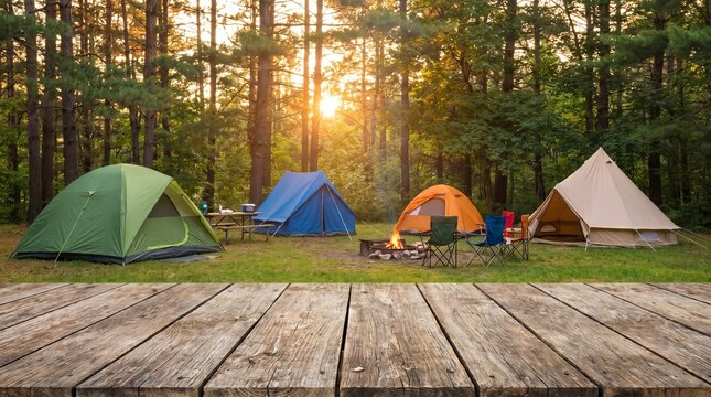 Empty Wooden Table Top with Blurred Camp on Green Nature Forest Background for Product Display