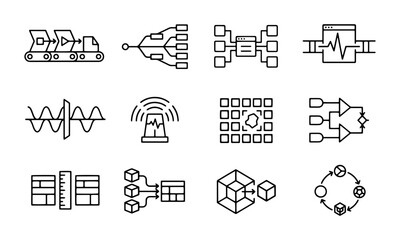 Obraz premium Data Processing Workflow Automation Stream Analytics and Integration Line Icons