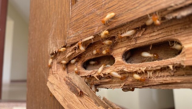Close-up of numerous termites crawling through damaged wood, visible tunnels and hollow sections inside the door.