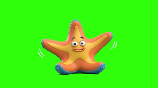 A cheerful 3D animated yellow and orange starfish character standing and waving happily on a chroma key green background. Great for ocean life stories, beach travel promotions, children's cartoons, aq