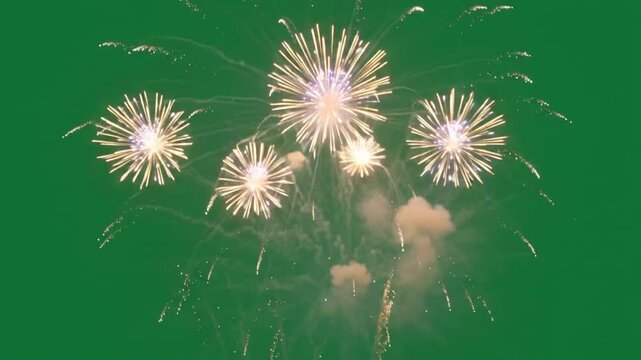 Fireworks Detonating at Different Heights in Rapid Succession Against a Green Screen for Visual Effects