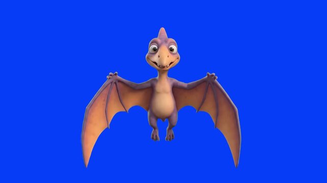 A cute 3D animated purple pterodactyl dinosaur character flying and flapping wings on a chroma key blue background. Ideal for kids educational videos, prehistoric animal cartoons, mobile game avatars,
