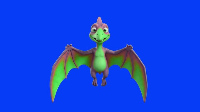 A cute 3D animated purple and green pterodactyl dinosaur character flying and flapping wings on a chroma key blue background. Ideal for kids educational videos, prehistoric animal cartoons, mobile gam