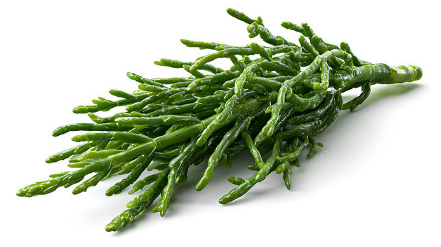 Sea asparagus branch with segmented stems and pointed tips on white background