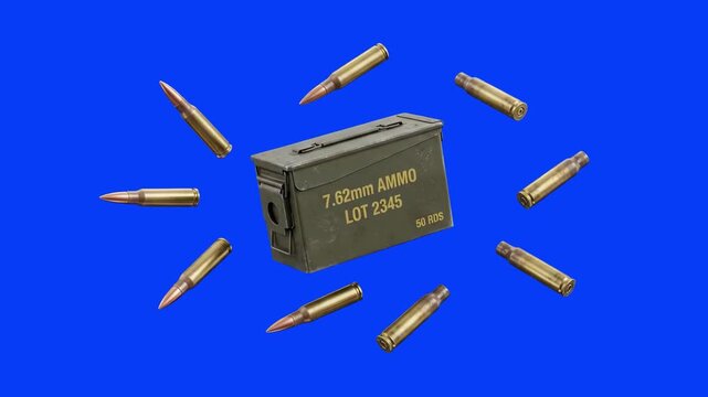 A metal military ammo can surrounded by falling brass rifle bullets on a blue screen background. Perfect for action game trailers, military visual effects, shooting sequences, war documentaries, and t