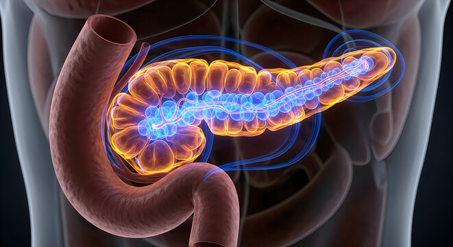 Illustration of the human pancreas and its internal ductal system highlighted in detail