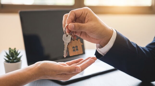 Real Estate Agent Handing Over House Key to Buyer in Office