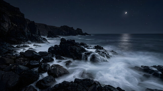 Ocean waves flowing around dark coastal rocks under a starry night sky with a crescent moon