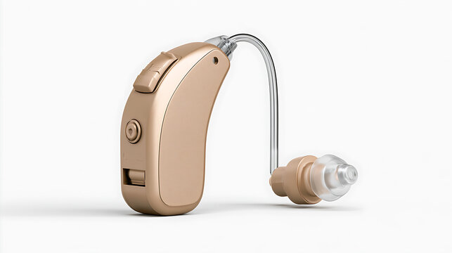 Hearing aid device with clear tubing rests on a white background