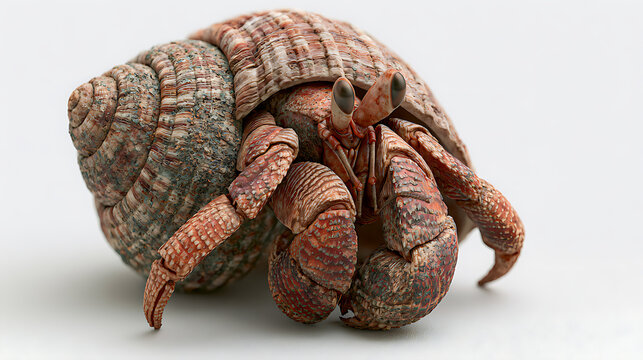 Hermit crab partially emerging from a patterned shell on a white background